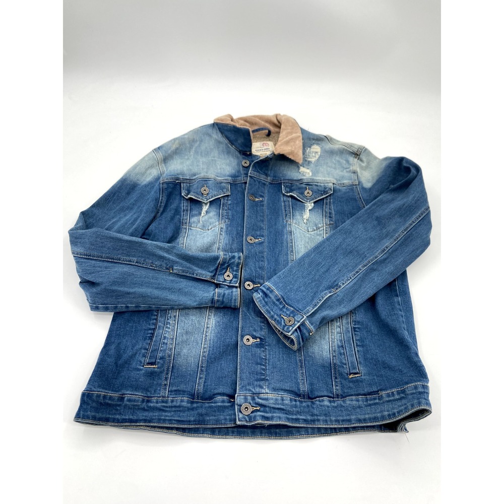 Smoke Rise Mens Denim Distressed Blue Jacket Corduroy Collar Size 3XL Trucker